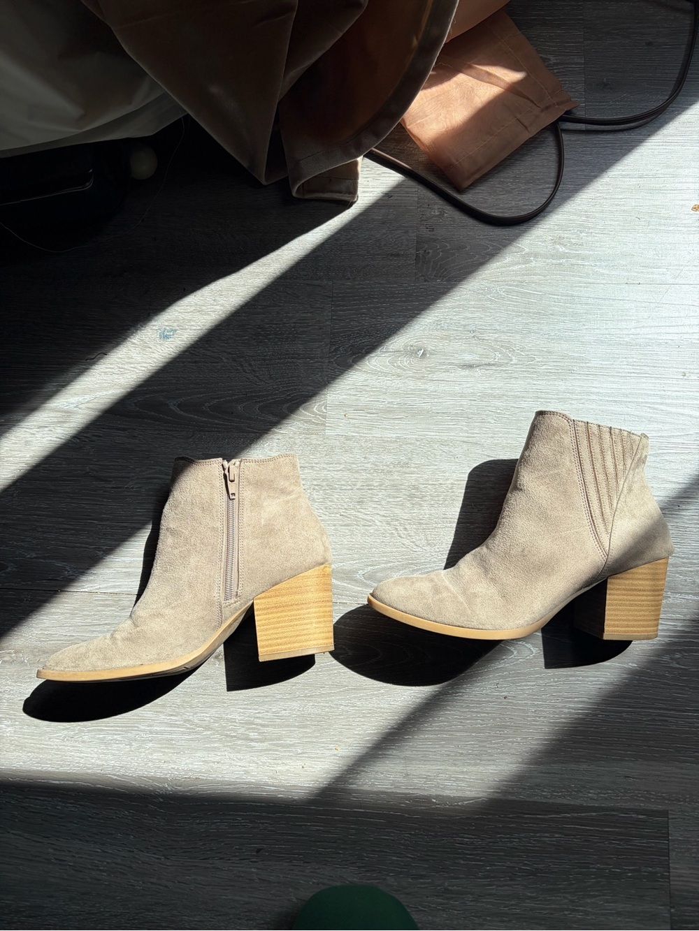 LC Lauren Conrad Taupe Suede Ankle Booties with Stacked Heel